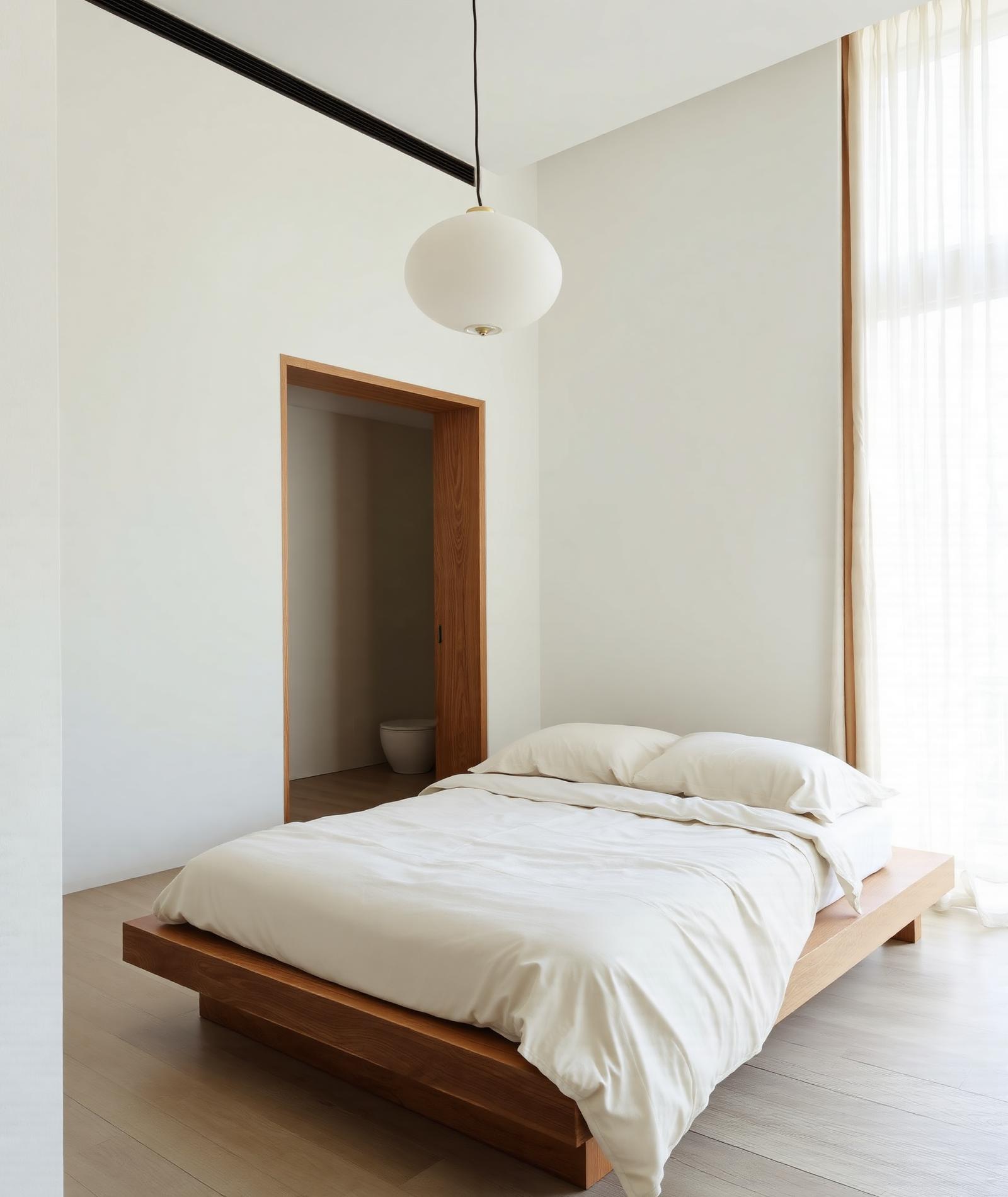 A serene bedroom with an oak platform bed and pendant lamp