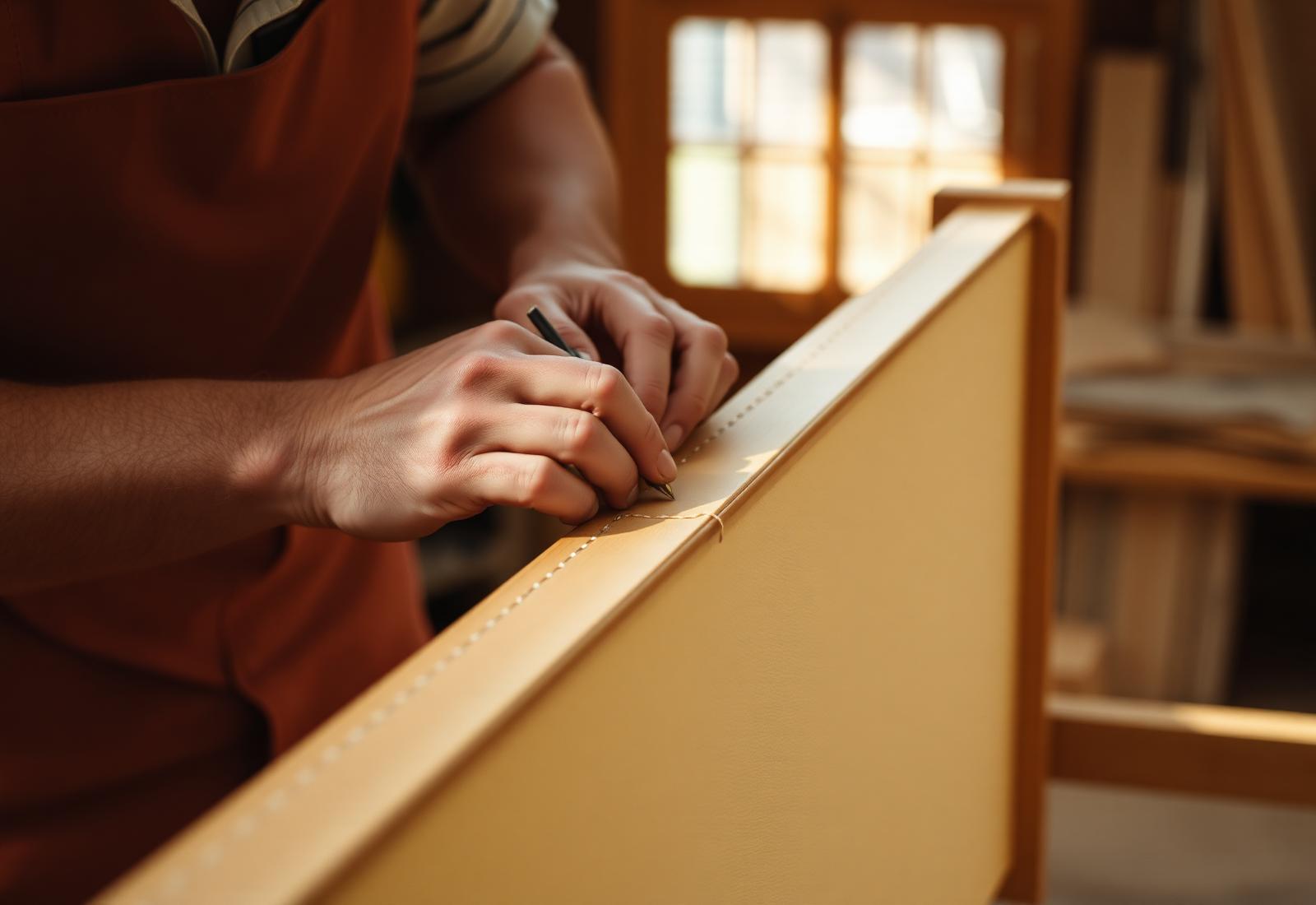 An artisan hand-stitching leather in the workshop